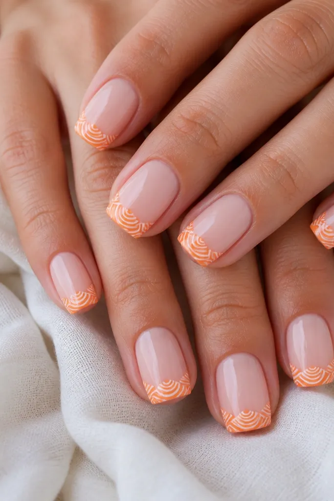 Short squoval nails with a classic French tip. The tip is bright orange, and inside the tip area are white curved ridges like stacked shells. Glossy finish.