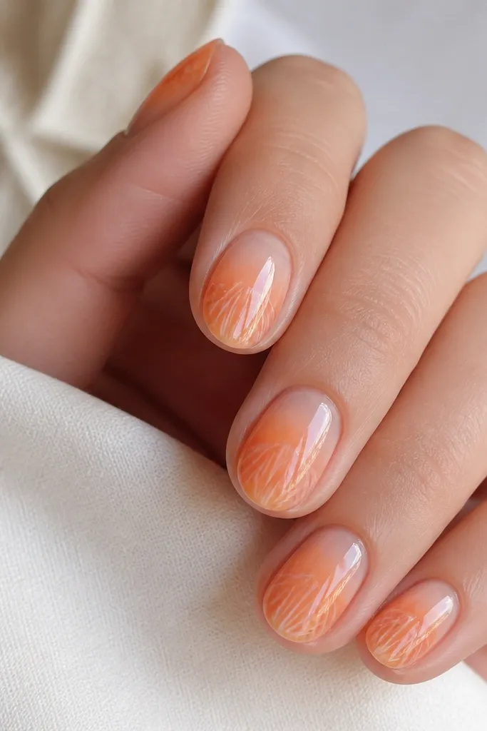 Short oval nails with a watercolor wash of orange fading in and out. White shell ridges appear as faint lines near the tips, softened like paint. Glossy topcoat.