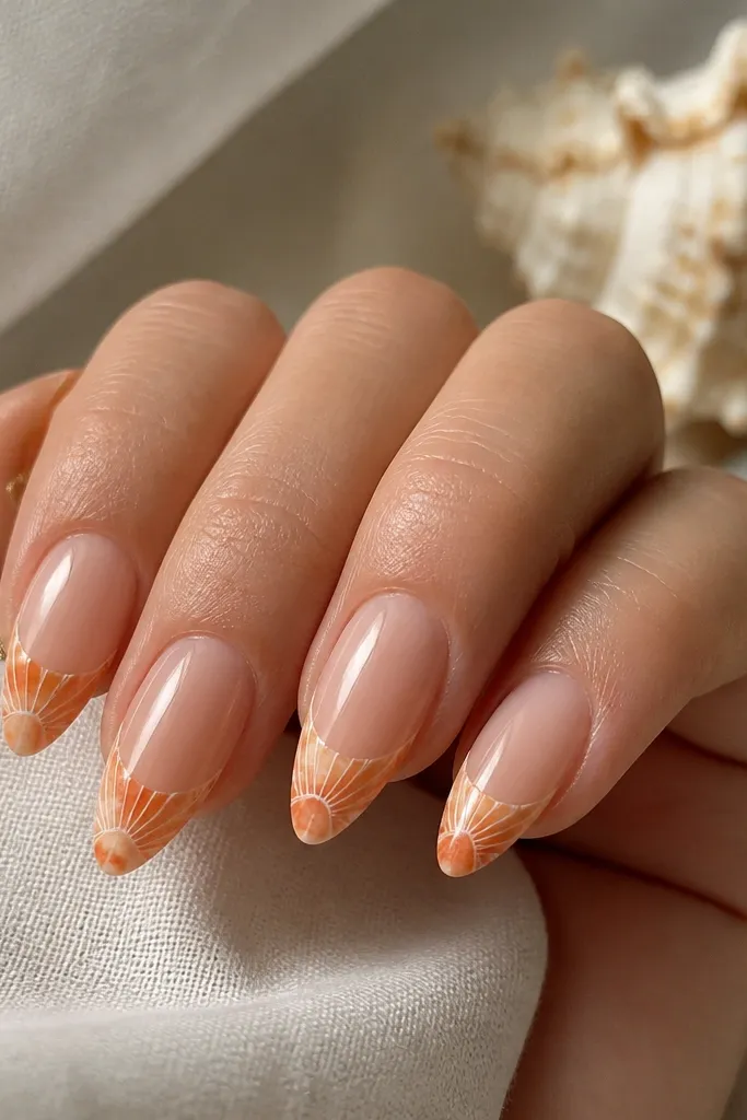 Medium almond nails with a nude base. Orange marble French tips show swirls, and over the marble are thin white shell ridges. Glossy finish.