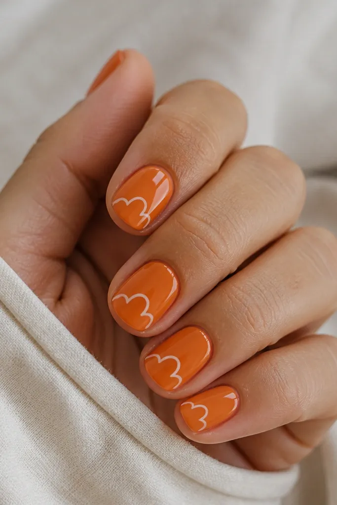 Short round nails in solid orange. Each nail has a single white shell outline near the tip, like a scalloped border, with no internal ridges. Glossy topcoat.