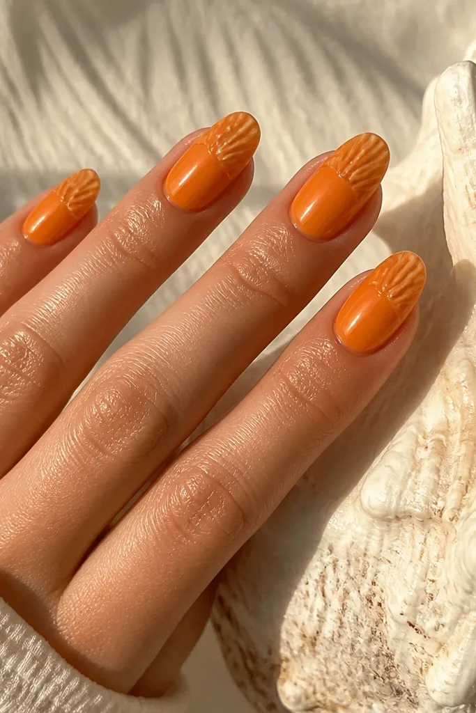 Medium almond nails with glossy citrus orange. Over the tip, there are raised shell ridges made from clear gel, catching light like tiny waves. No gems, just texture.