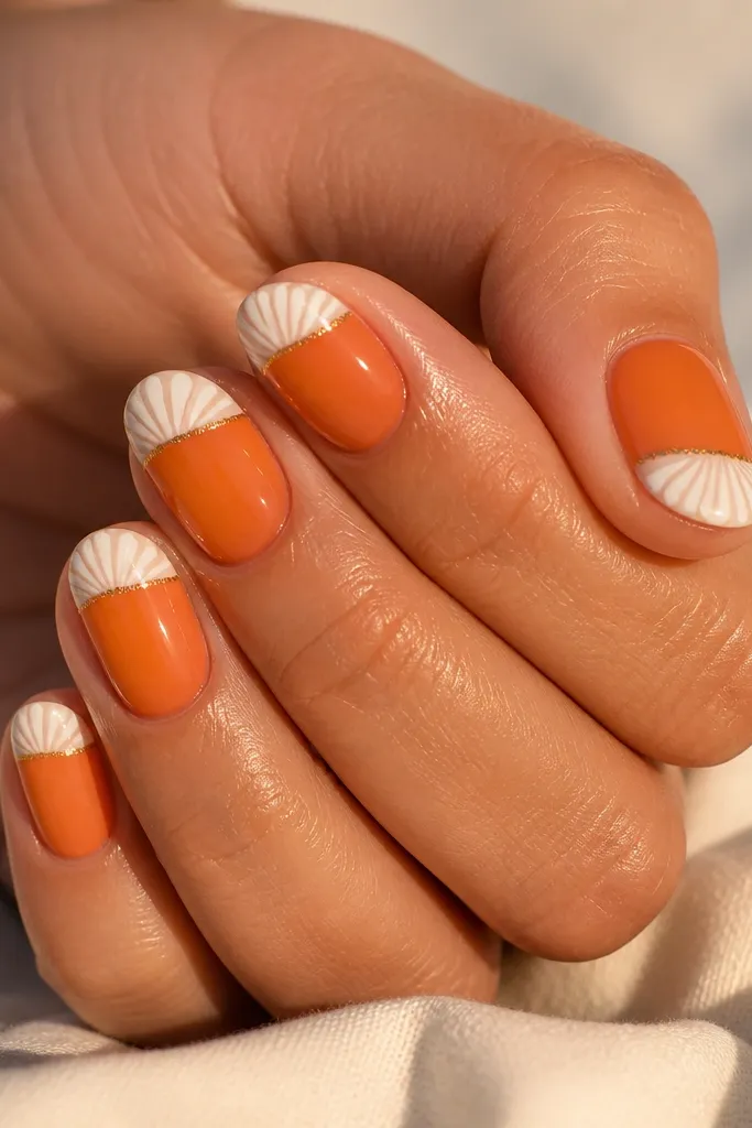 Short oval nails in orange. At the tip, white shell ridges run across, and a super thin line of fine gold micro glitter sits just under the ridges. Glossy topcoat.