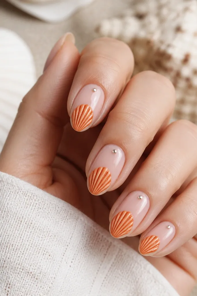 Nude sheer base nails. Orange seashell ridges sit on the lower half near the tip, and one small silver sparkle dot sits near the cuticle on each nail. Glossy finish.
