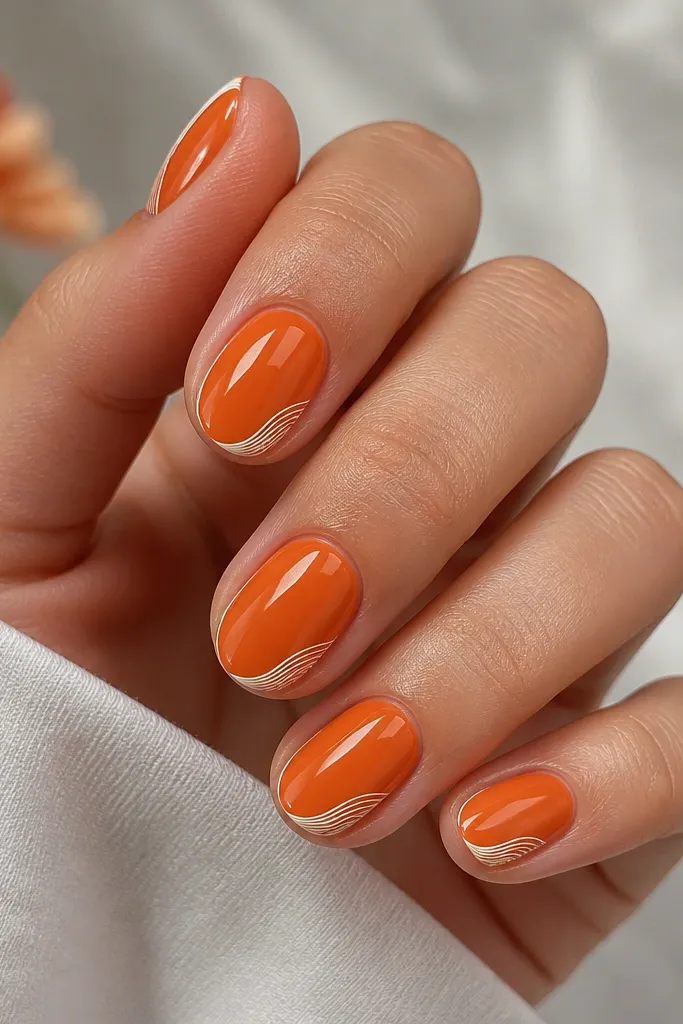 Short oval nails in orange. A white outer curve wraps the nail from one side near the tip to the other side, with thin white ridges inside the curve. Glossy topcoat.