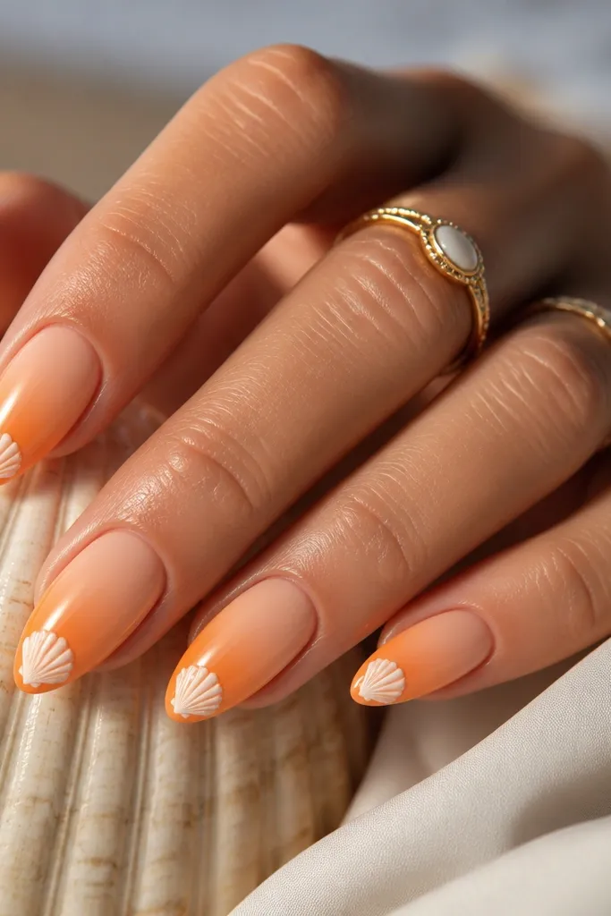 Almond nails with a smooth orange gradient from light peach near cuticle to deeper orange at tip. A white shell crest sits at the center of the nail tip area with curved ridges. Glossy finish.