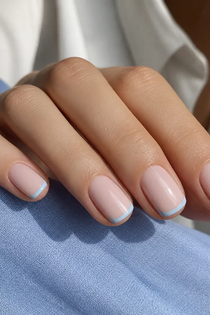 Short squoval nails with a milky pink opaque base. The French tips are thin sky blue lines, evenly curved at the smile line, glossy finish.