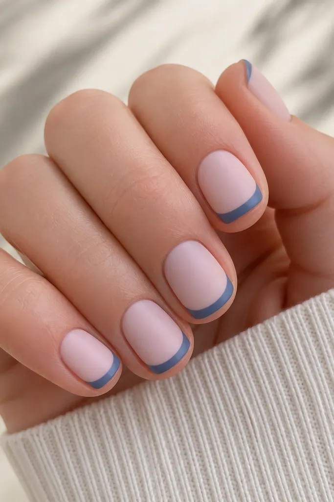 Short round nails with powder pink base and denim blue French tips. The entire set is matte, with the French line still crisp and evenly curved.