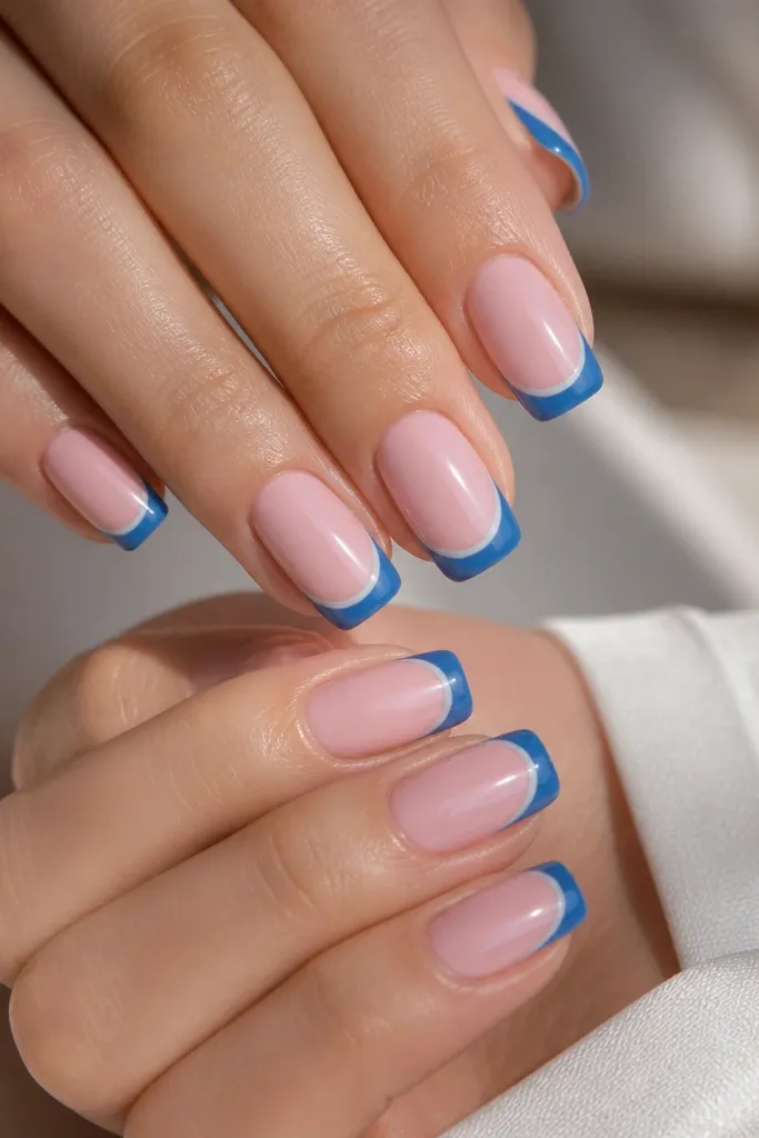 Medium squoval nails with peony pink base. The French tip has a darker blue outer fill and a thinner lighter blue inner line near the smile curve, glossy.