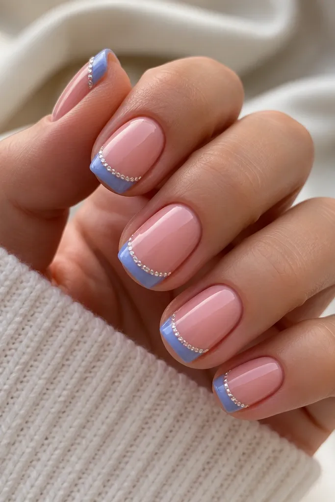 Short squoval nails with rose pink base. Cornflower blue French tips have a single line of tiny clear rhinestones running across the tip near the smile line, glossy.