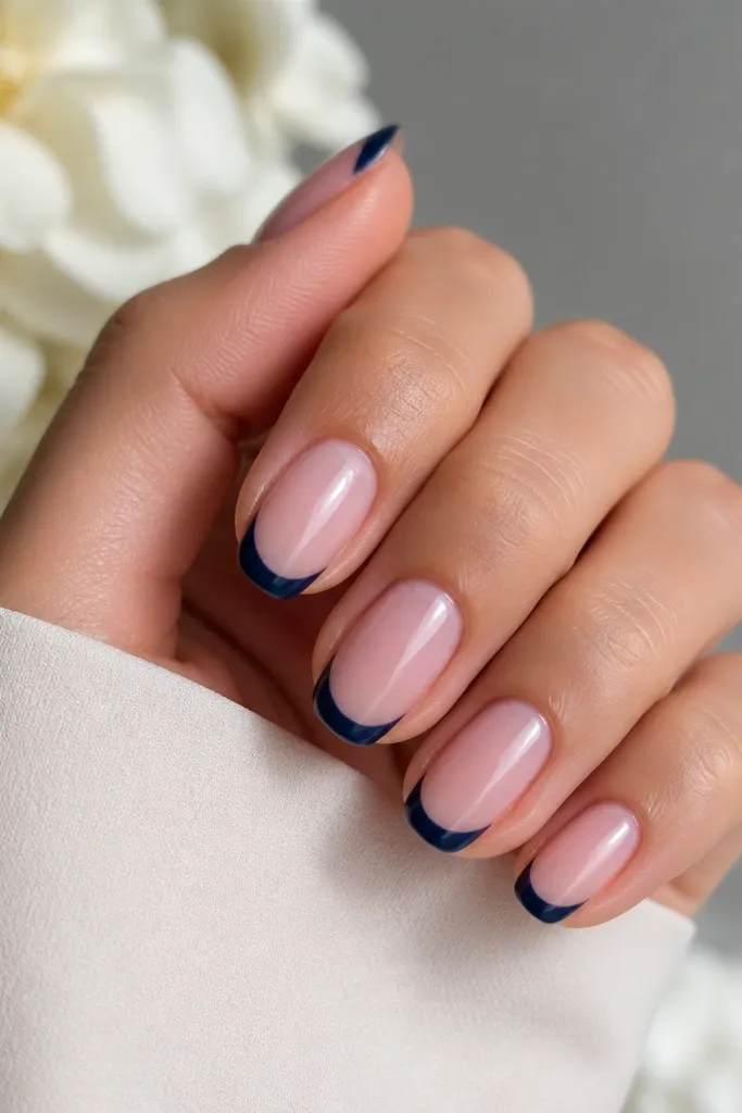 Medium length nails with a semi-jelly soft pink base. Navy blue French tips are darker and slightly curved upward at the center, glossy.