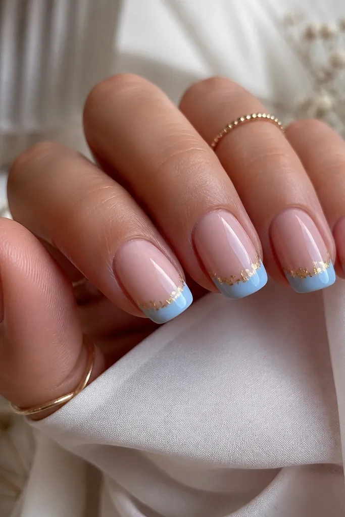 Medium squoval nails with warm blush pink base. Powder blue French tips include small gold foil flecks embedded near the smile line, glossy.