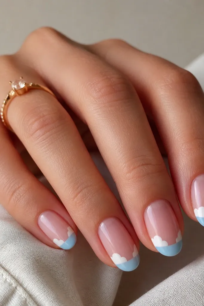 Short-to-medium oval nails with pink base. Blue French tips have white cloud-like cutouts along the smile line, glossy.