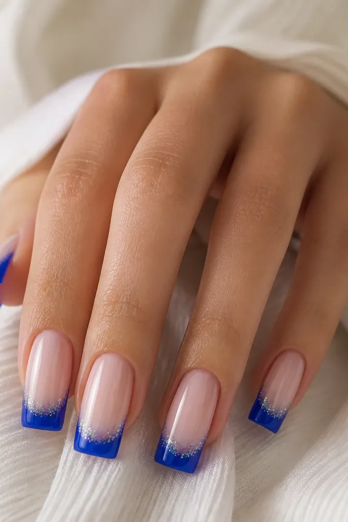 Long square nails with pearl pink base. Blue French tips are solid, and a fine opal shimmer dust is sprinkled lightly over the blue near the tip edge, glossy.