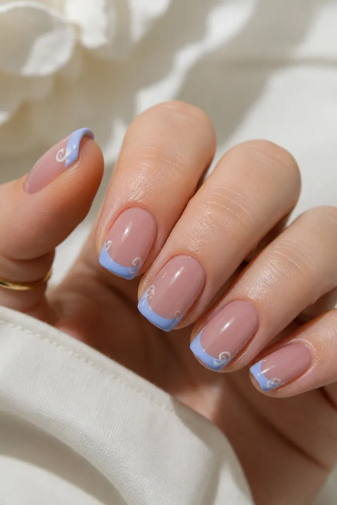 Short squoval nails with dusty rose base. Periwinkle French tips are solid, and the outer edges have small white swirl ends, glossy.