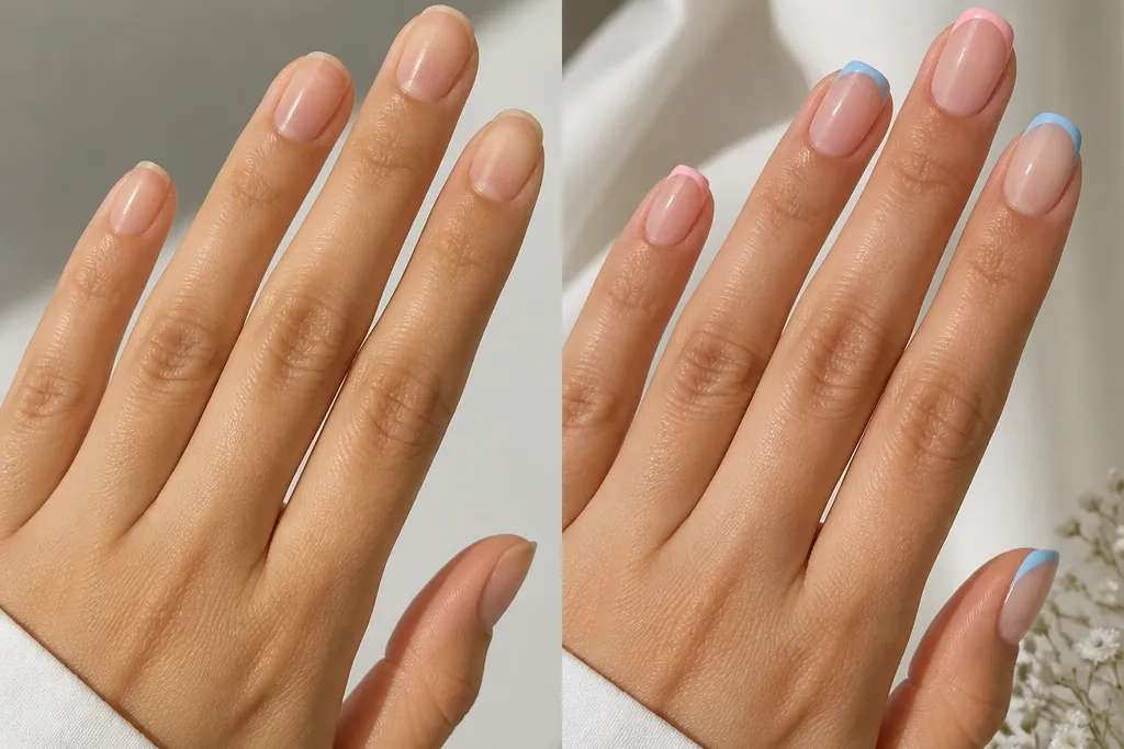 Pink and Blue French Tip Nails Before and After