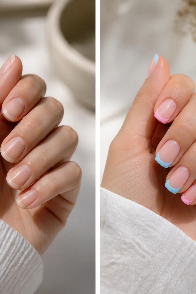 Pink and Blue French Tip Nails Before and After
