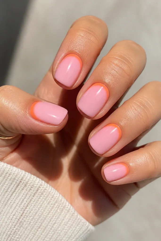 Short squoval nails with a bubblegum pink base. A thin orange crescent sits right at the cuticle line on each nail, fading outward. Glossy top coat, clean edges.