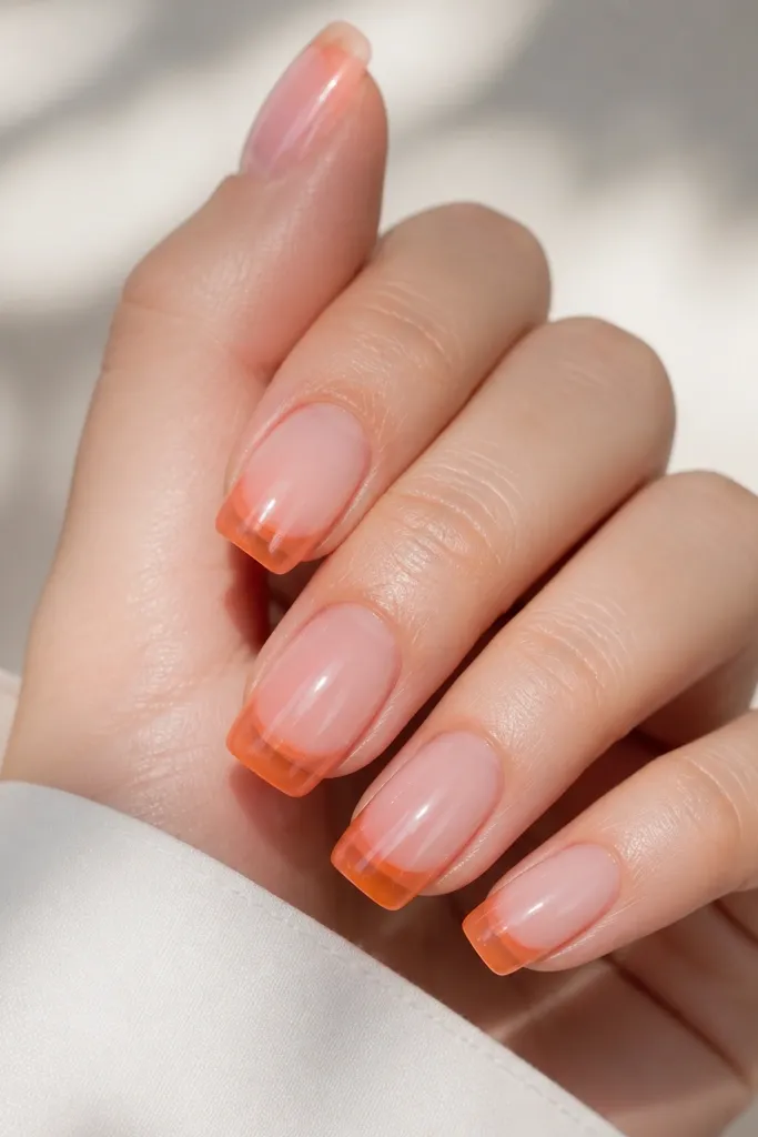 Squoval nails with milky pink base. The tips look translucent like jelly, layered in tangerine orange. The jelly tips show subtle depth and a glossy shine.
