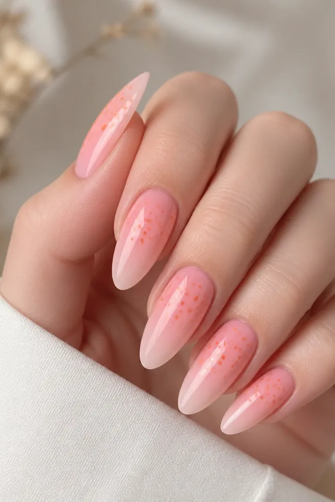 Almond nails with a soft pink ombre that fades toward the tip. Orange speckles are scattered like tiny floating dots, mostly around the center and upper half. Glossy top coat.