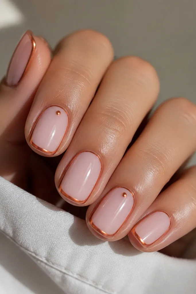 Short squoval nails with a soft pink base. A thin orange mirror chrome outline traces the nail shape on each nail, like a border. Some nails have a tiny chrome dot near the cuticle. High shine.