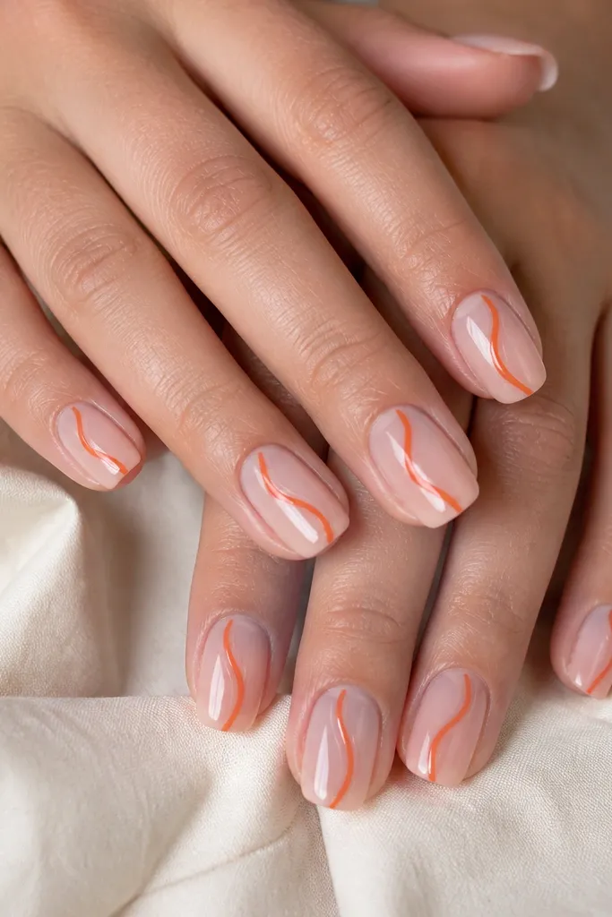 Clear-milky pink nails with two orange swirl lines per nail. The swirls start near the cuticle and curve toward the outer edge. Glossy top coat, clean negative space.