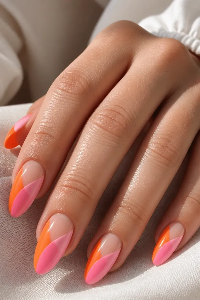 Almond nails with a nude-pink base. Half-moon shapes near the cuticle are left clear (negative space). The outer halves are orange and pink split diagonally. Glossy finish.