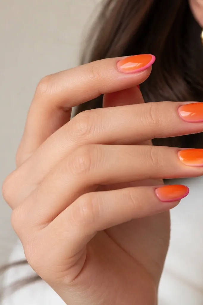 Medium almond nails. The base is orange gradient fading from deeper orange near cuticle to lighter orange toward tip. The tip has a thin pink outline line following the smile curve. Glossy finish.