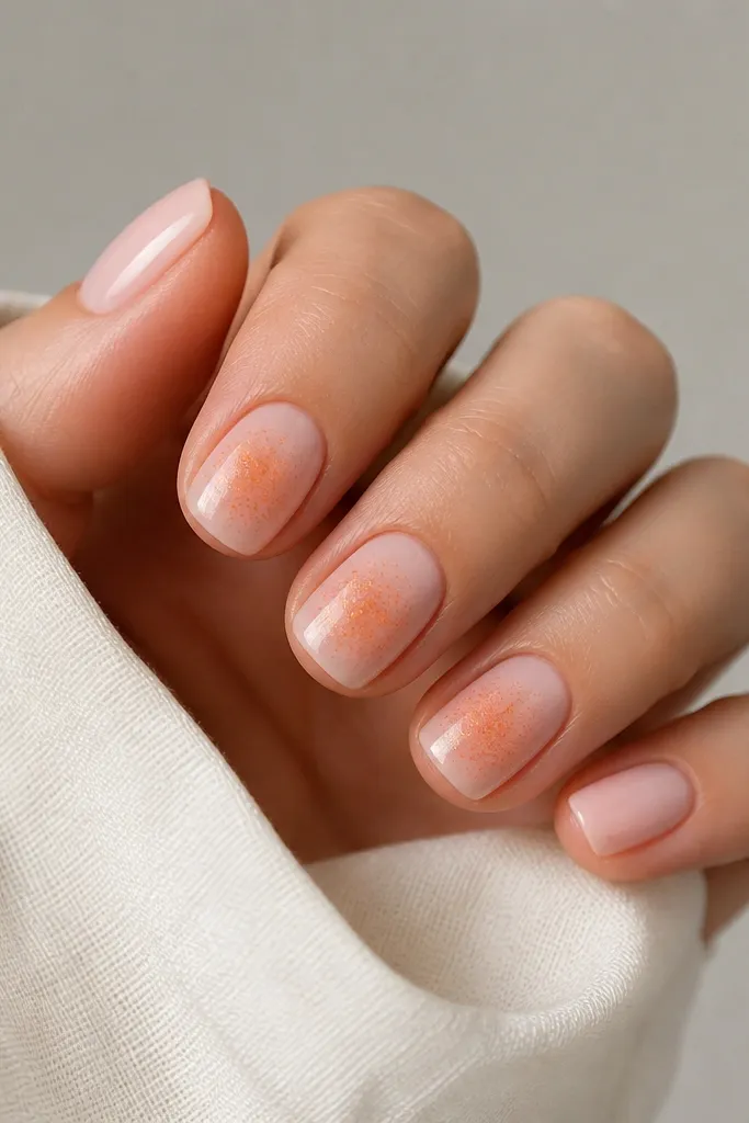 Short squoval nails. The base is a soft pink. A few nails have orange micro-glitter concentrated near the center and fading outward like a galaxy cloud. Glossy finish.