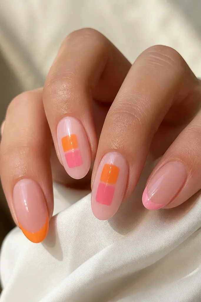 Medium almond nails with a glossy clear-pink base. On two accent nails, there are stacked lipstick-like swatches: one orange block, one pink block, with soft edges. Other nails are plain pink or orange half tips.