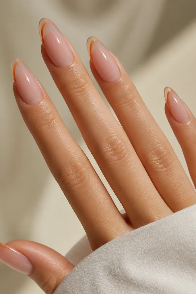 Long almond nails. The tips fade from milky pink into sheer, with a thin orange stripe only along the outer edge following the curve. Glossy finish.