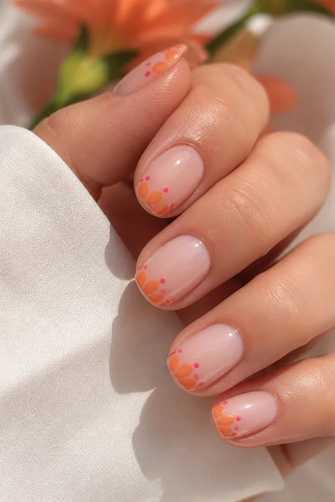 Short squoval nails with a milky pink base. Tips are orange and shaped like small blossoms, with a few tiny pink dots scattered near the tip curve. Glossy top coat.