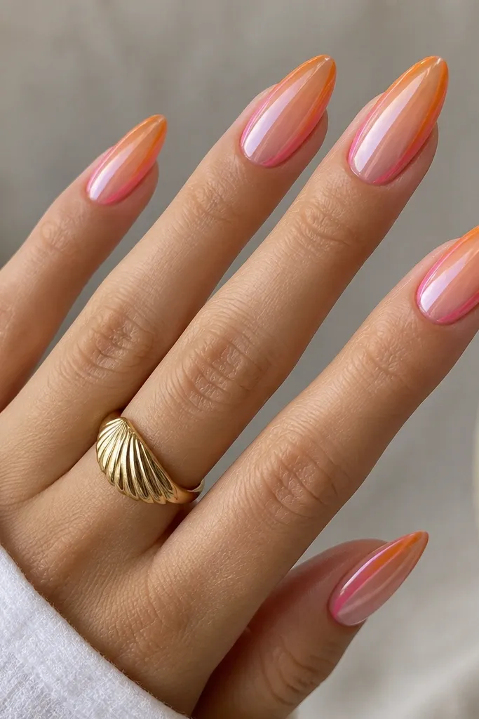 Almond nails with a clear center panel. The sides are faded orange blending into pink near the base. The middle stays mostly clear, like a vertical window. Glossy finish.