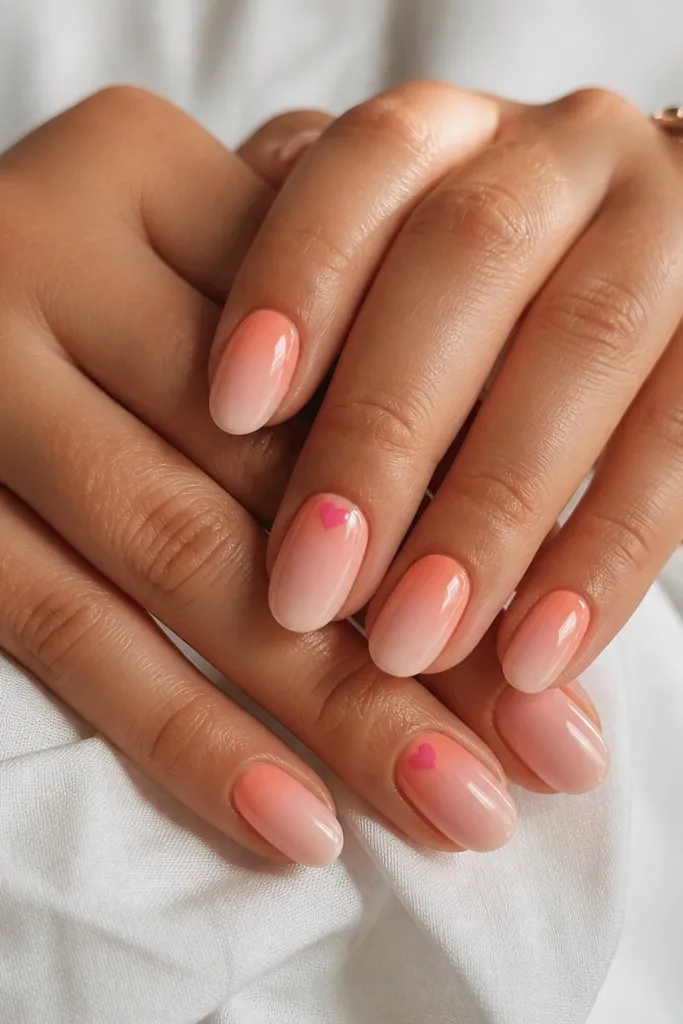 Short almond or squoval nails. The base fades from peachy orange near cuticle to milky pink toward the tip. A small pink heart sits at the cuticle center on two accent nails. Glossy finish.