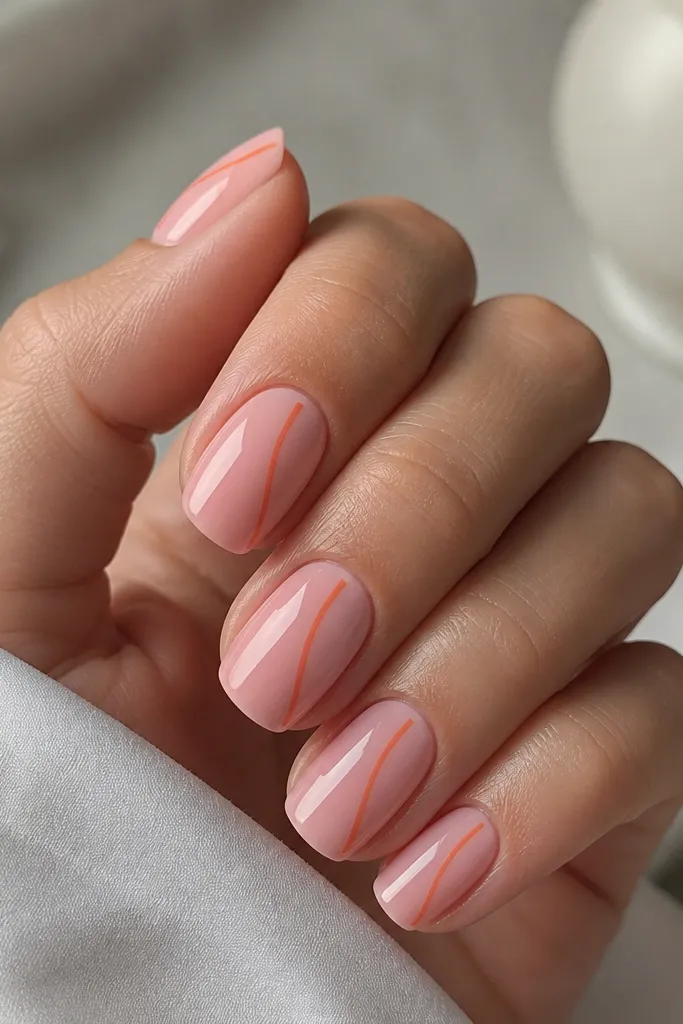 Medium squoval nails with a high-gloss pink base. Fine orange lines create a minimal pattern: one vertical line and one curved line on each nail. No glitter.