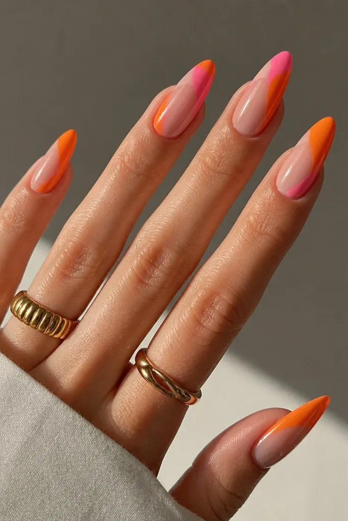 Stylish mani Pink And Orange Acrylic Nails inspo