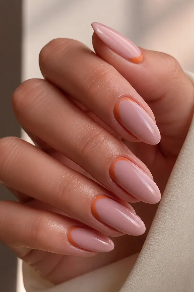 Almond nails with a glossy blush pink base and orange half-moon accents at the cuticle area on both side edges; the center cuticle remains pink.
