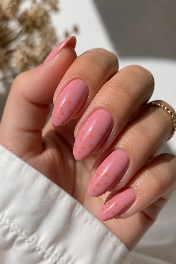 Almond nails painted rosy pink with tiny orange dot confetti scattered near the center and lower half; glossy top coat, neat dot spacing.