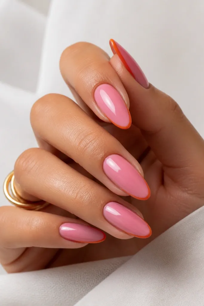 Almond nails with opaque peony pink polish and a thin orange outline that traces the tip edge like a second border; glossy finish.