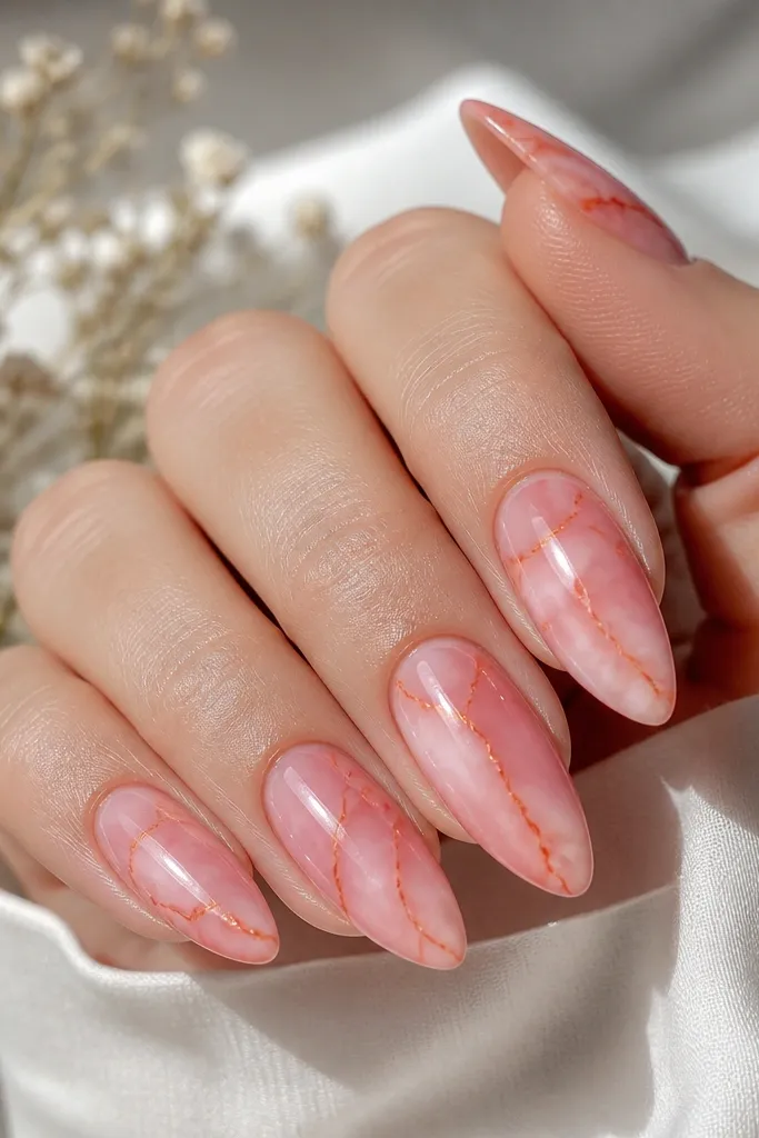 Almond nails with a glossy pink marble swirl base and thin orange veins crossing diagonally; high shine with clean marble movement.