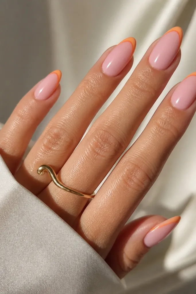 Almond nails with a pink base and a French tip that is only outlined on the outer half, with orange forming a curved border at the tip; glossy and clean.