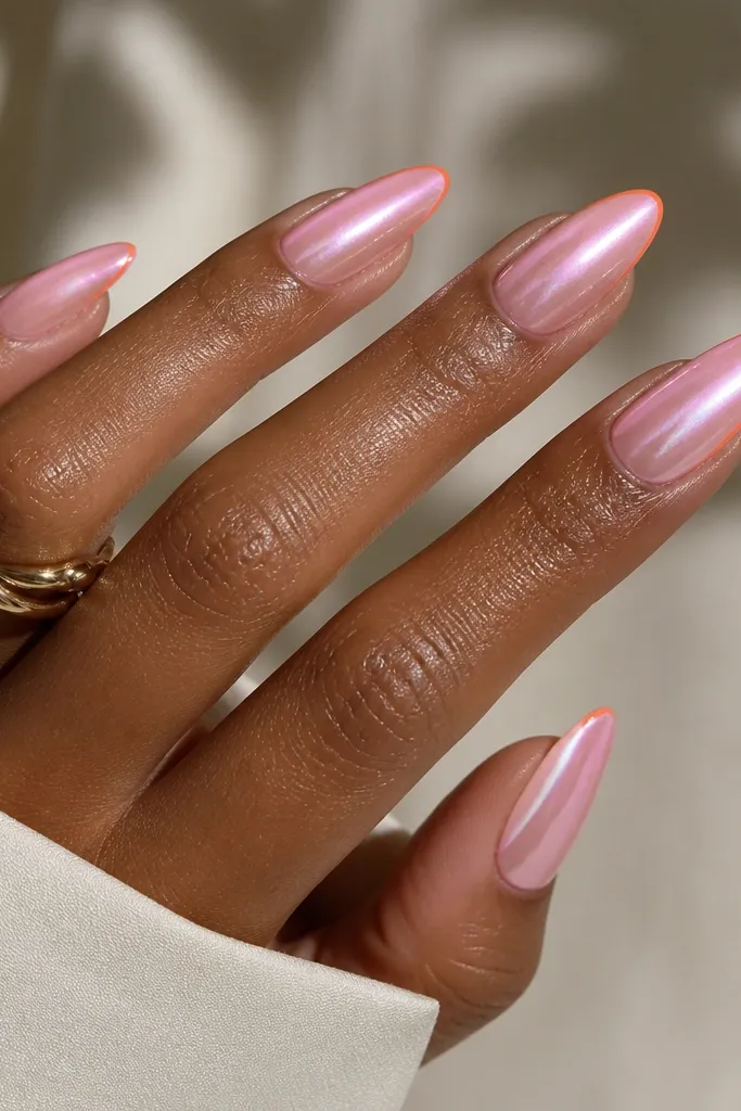 Almond nails with pink chrome shimmer and a thin orange line along the outer edge of the nail, glowing under the light; mirror-like top finish.