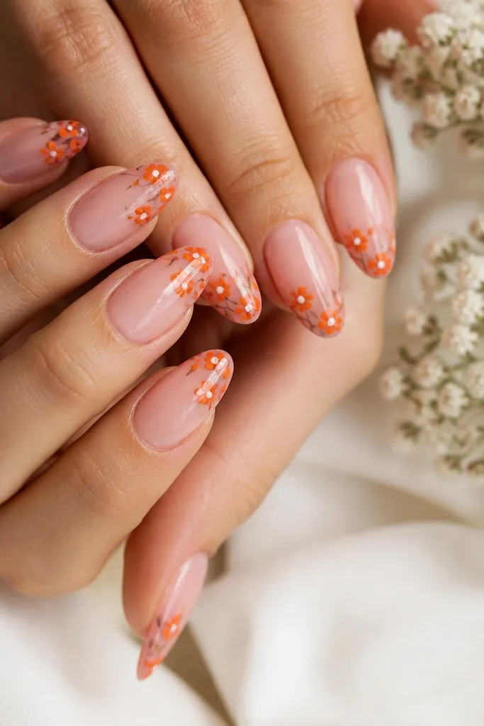 Almond nails with a glossy pink base and tiny orange flower clusters on the tips; flowers have small white centers and fine stem lines.