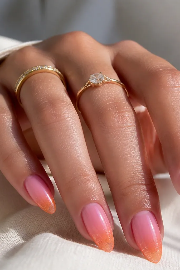 Almond nails with a pink ombré that fades into orange at the tip, then a thin glitter layer concentrated at the very edge; glossy top coat over glitter.