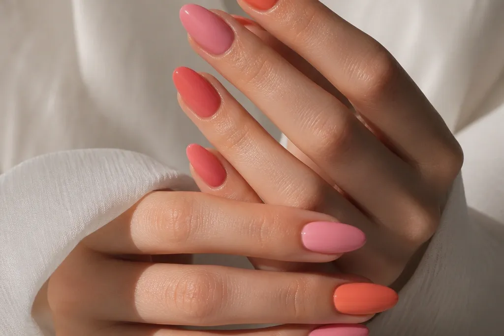 Gorgeous Pink And Orange Almond Nails