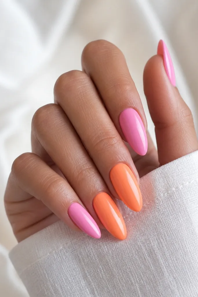 Gorgeous Pink And Orange Almond Nails