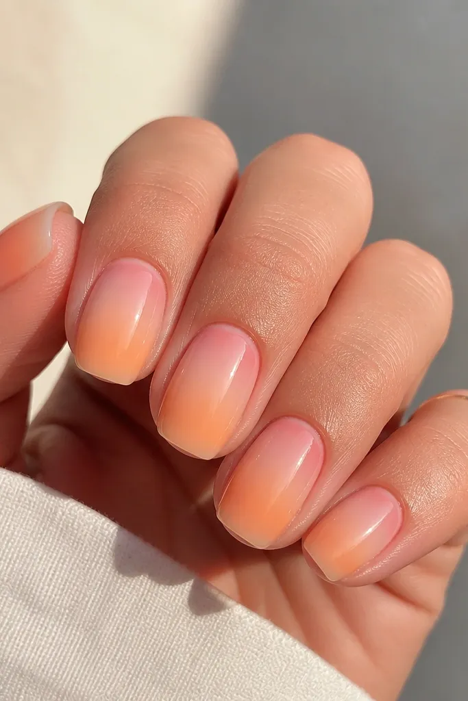 Short squoval nails with a milky nude base. The cuticle area is soft cotton candy pink, fading into a warm tangerine orange aura that glows toward the tips. The aura edges look airbrushed, with a high-gloss shine and no extra gems.