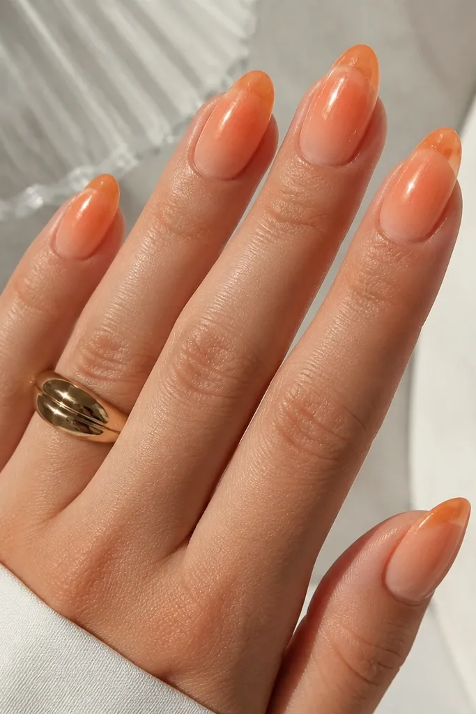 Medium almond nails. The base is a sheer peach jelly. A soft peach-to-orange aura sits in the center, and the very tips have a clear jelly orange glow. The finish is glossy, with the aura looking like it's suspended in gel.