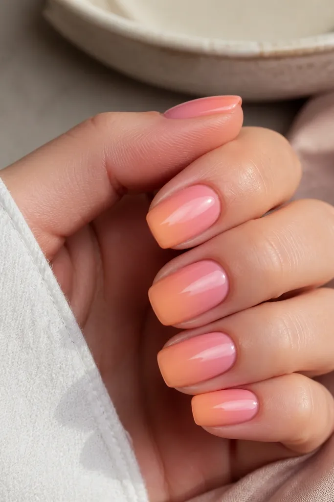 Short squoval nails. A soft rose pink aura blooms from the cuticle area into a light apricot orange glow toward the tip. The aura edges are feathered, and the nails have a clean, glossy finish with no decoration.