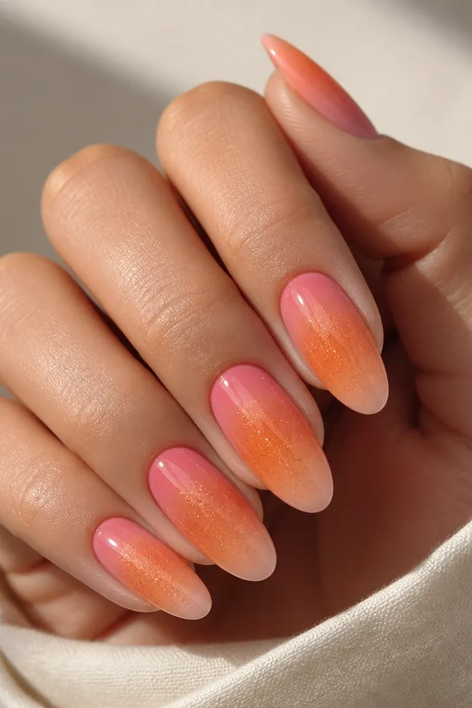 Medium almond nails. The aura is pink near the cuticle fading into orange in the center. Over the orange area is a fine orange glitter dust that fades out toward the tips. The rest of the nail stays smooth and glossy.
