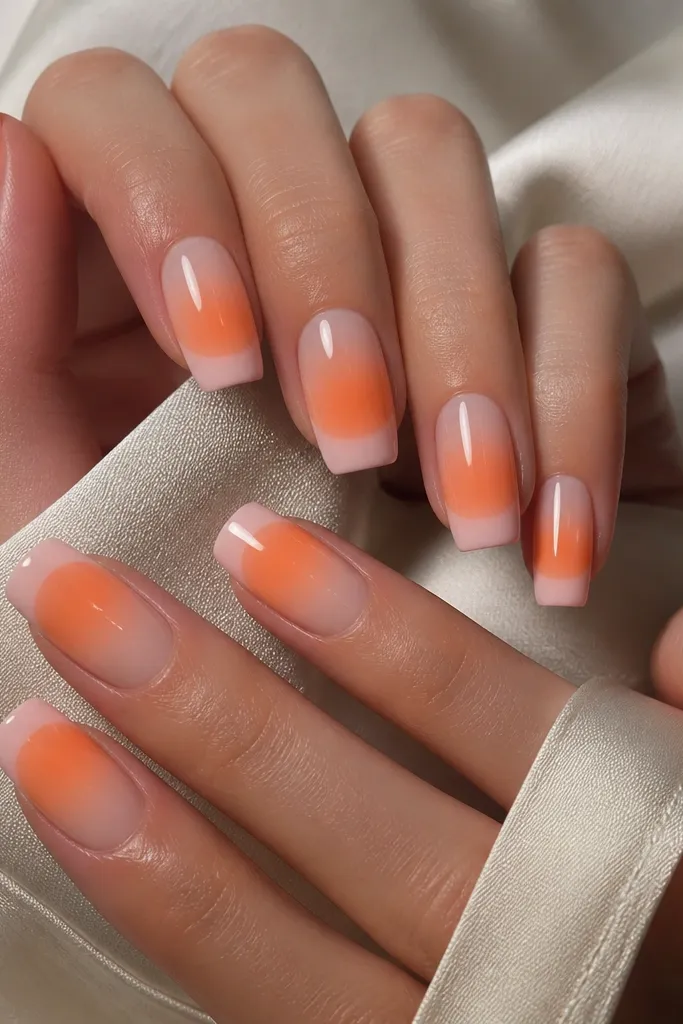 Long squoval nails with a milky pink French tip line. Under the tip line, an orange aura blooms upward like a soft gradient halo. The base is sheer nude, and the top coat is glossy and reflective.